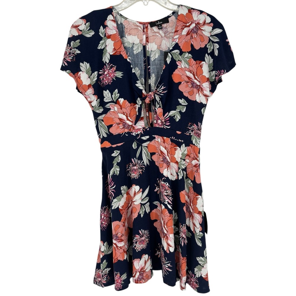 Lulus Mini Dress Navy Floral Tie Front Keyhole Back Short Sleeve Size S - Picture 3 of 6